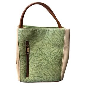 Embossed Leather Mini Tote Sage Green Cream Structured Top‎ Handle Bag Boho